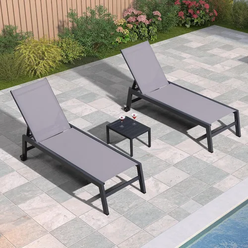 Miniatura 32 de PURPLE LEAF Juego de 2 tumbonas de aluminio para patio al aire libre con ruedas y mesa auxiliar, tumbona de piscina para jardín al aire libre, junto