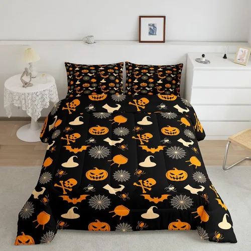 Miniatura 41 de Feelyou Juego de edredón de Halloween, color rosa fantasma, juego de ropa de cama tamaño individual, decoración para niños y niñas, lindo juego