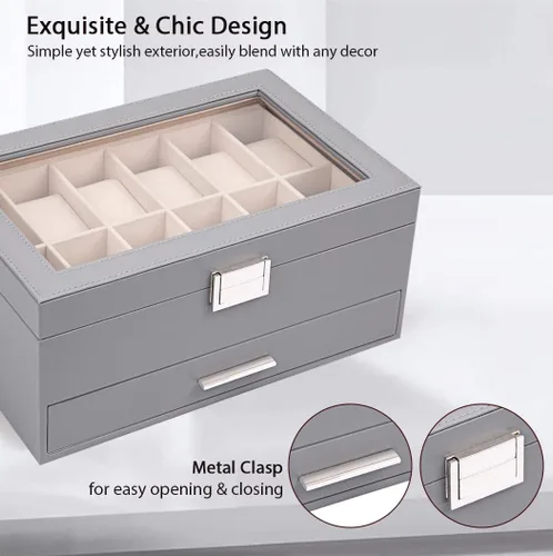 Miniatura 3 de Voova Joyero organizador de cajas de reloj para hombres y mujeres 2 capas grandes de 12 ranuras de piel sintética estuche de almacenamiento