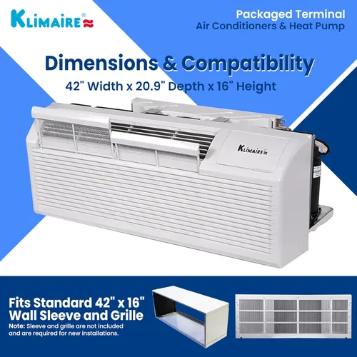 Miniatura 5 de Klimaire Bomba de calor PTAC R-32 de aire acondicionado de 12,000 BTU con control remoto y calentador eléctrico de 3,5 kW -230V