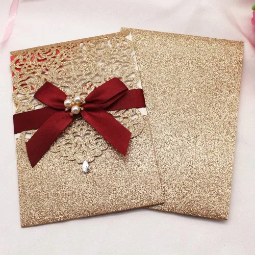 Miniatura 7 de AdasBridal 25 invitaciones de corte láser con purpurina dorada con tarjetas y sobres, diseño de diamante y cinta de lujo con inserto de papel perla