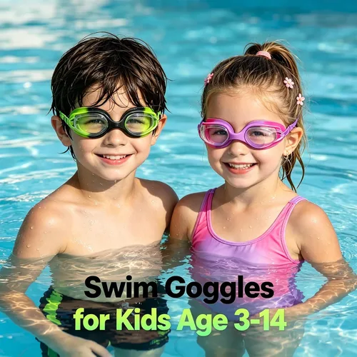 Miniatura 2 de Gafas de natación para niños, paquete de 2 gafas de natación de protección completa, sin fugas, antivaho para niños de 3 a 14 años Verde y Púrpura