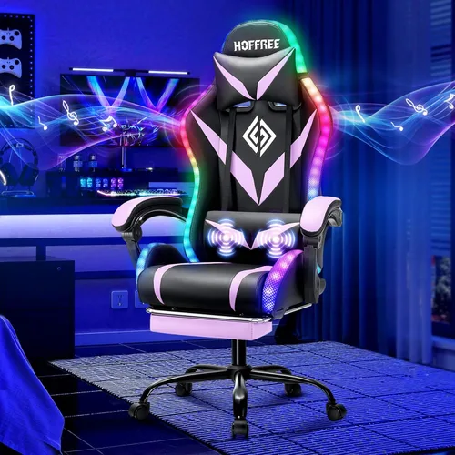 Miniatura 10 de HOFFREE - Silla gamer con masaje, altavoces Bluetooth y luces LED, silla ergonómica para computadora y videojuegos con reposapiés, silla de Azul
