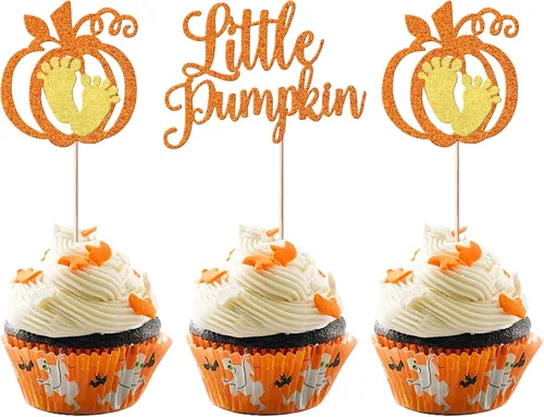 Miniatura 9 de Rsstarxi Paquete de 24 decoraciones de calabaza con purpurina para cupcakes de primer cumpleaños, decoración de pastel de calabaza para el primer
