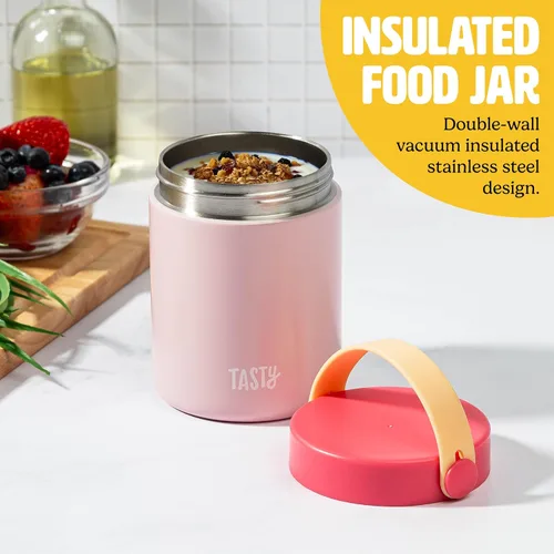 Miniatura 2 de Tasty Tarro de comida con asa plegable, contenedor portátil para aperitivos o almuerzo, aislado al vacío de acero inoxidable con tapa a prueba