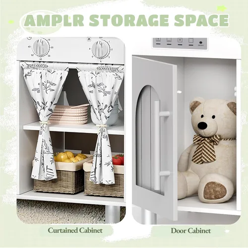 Miniatura 4 de Arlopu Juego de cocina interactiva para niños con armario con cortina, perillas, grifo y fregadero, lavadora, accesorios de utensilios de cocina