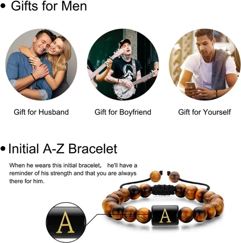 Miniatura 7 de Pulseras de cuentas con iniciales para hombres, regalos de 0.315 in, ojo de tigre, piedra de lava y roca de lava, pulseras de cuentas iniciales