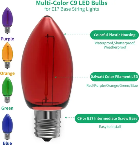Miniatura 3 de Meconard Bombilla LED C9 de Repuesto para Luces Navideñas, Bombillas LED Irrompibles C9 para Cadenas de Luces Navideñas Exteriores, Base Intermedia