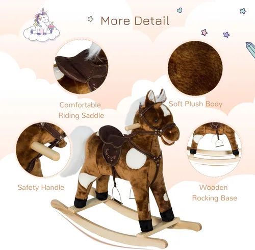 Miniatura 4 de Qaba Kids - Silla de montar con peluche de caballo mecedora de metal con música de canciones infantiles - Marrón oscuro