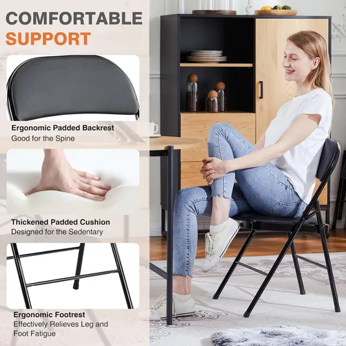 Miniatura 4 de Sweetcrispy Paquete de 16 sillas plegables, acolchadas de cuero, metal resistente, fáciles de usar y almacenar, cómodas, para exteriores e Negro