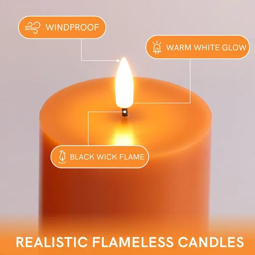 Miniatura 7 de Eywamage Velas de pilar sin llama de otoño naranja con control remoto, velas LED parpadeantes de cera de Acción de Gracias, funciona