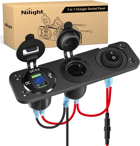 Miniatura 9 de Nilight - Panel de enchufe de salida 4 en 1, 12V CC, 4.8A, voltímetro LED, interruptor basculante de encendido y apagado con luz, encendedor de 4