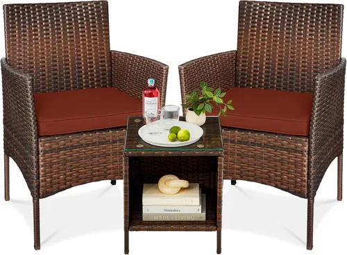 Miniatura 13 de Best Choice Products Juego de 3 piezas de mimbre para conversación al aire libre, muebles de patio que ahorran espacio para jardín con mesa