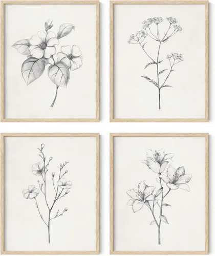 Miniatura 14 de HAUS AND HUES Arte de pared floral gris, juego de 4 pósteres de plantas para pared vintage, impresiones botánicas, cuadros de flores en blanco