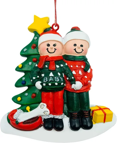 Miniatura 3 de Adorno Colgante de Pareja Embarazada y Perro - Adorno de Navidad para Esperando con Hueso de Perro, Personalizado Pareja con hueso