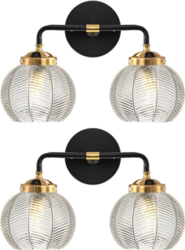 Miniatura 12 de Lámparas de baño de mediados de siglo, aplique de pared de 2 luces con pantalla de vidrio con rayas verdes, luz de montaje en pared, luces modernas