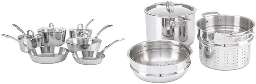 Viking Contemporary - Juego de utensilios de cocina de acero inoxidable de 3 capas, 10 piezas y olla de pasta de acero con vaporizador, 8 cuartos de