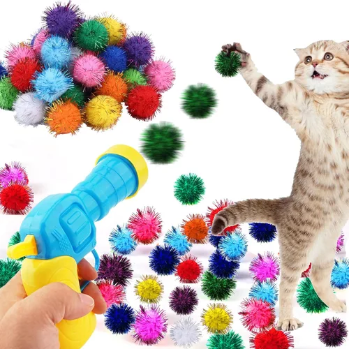 Dorhui Lanzador de pistola de juguete para gatos, 30 bolas de pompones brillantes y lanzador de bolas de gato, disparador de pistola de juguete para