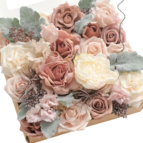 Miniatura 12 de Ling's moment Caja de Flores Falsas, Tallos de Vegetación Artificial Falsa, Rosas de Espuma, Gardenias, Hortensias de Seda, Ranúnculos, Flor de Tela