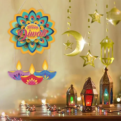 Miniatura 5 de LHIUEM Diwali - Letreros de madera de Happy Diwali para decoración de pared, juego de 2 (10 x 20 pulgadas), decoración de loto, pancarta india Happy
