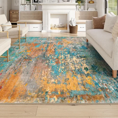 Miniatura 68 de Lahome Alfombra redonda moderna abstracta de 3 pies, color azul, lavable, de 3 x 3 pies, para cocina, entrada, suave, pequeña, antideslizante