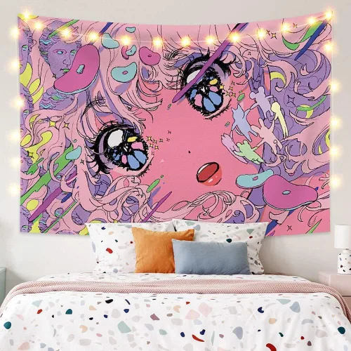Bonito tapiz colorido de anime, Kawaii japonés divertido diseño de dibujos animados para niñas, tapiz rosa para sala de estar, dormitorio, 11