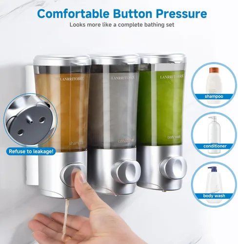 Miniatura 6 de Dispensador de Champú y Acondicionador, Dispensador de Ducha de 3 Cámaras sin Taladro, Dispensador de Champú para Ducha Montado en la Pared