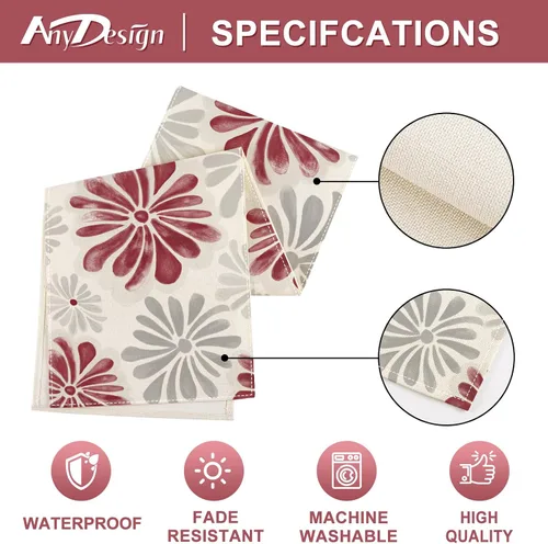 Miniatura 6 de AnyDesign Camino de mesa floral acuarela con flores rojas y grises, decoración de mesa de comedor, cubierta rústica para interiores y exteriores