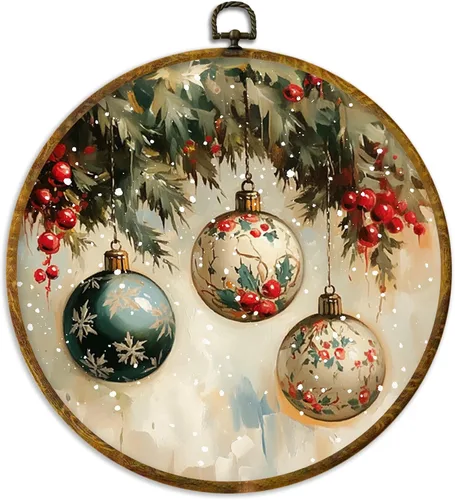 XPH Esferas redondas de Navidad vintage, arte de pared enmarcado, decoración rústica de pared circular de Navidad, impresión en lienzo colgante de