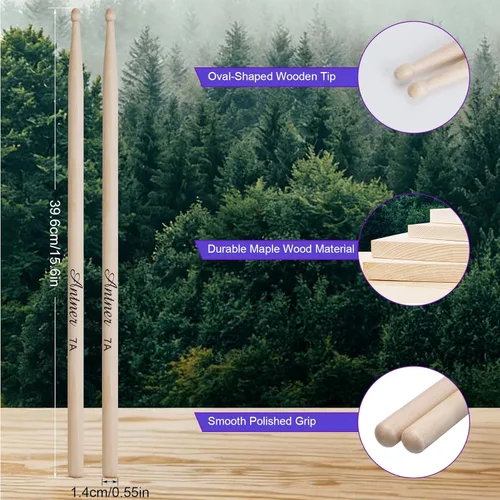 Miniatura 2 de Antner 3 pares de baquetas de madera de arce 7A para niños y principiantes