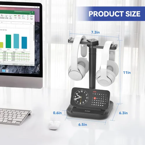 Miniatura 2 de KDD Soporte doble para auriculares para escritorio, colgador giratorio para auriculares con soporte para teléfono, base antideslizante extraíble