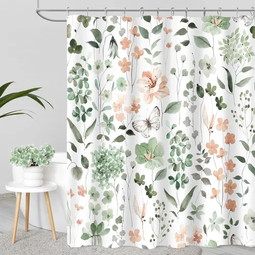 Miniatura 18 de MAYZUS Cortina de ducha con flores azules acuáticas, lindas cortinas de tela con flores para baño, juego de cortinas de tela de aguamarina