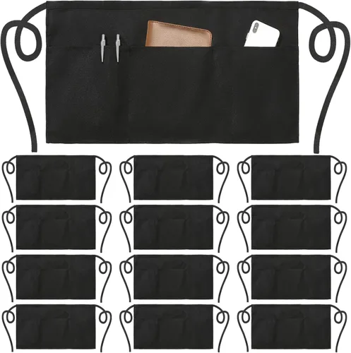 NOBONDO Paquete de 12 delantales de camarera con 3 bolsillos, delantales de cintura para mujeres y hombres, medio delantal comercial con correas
