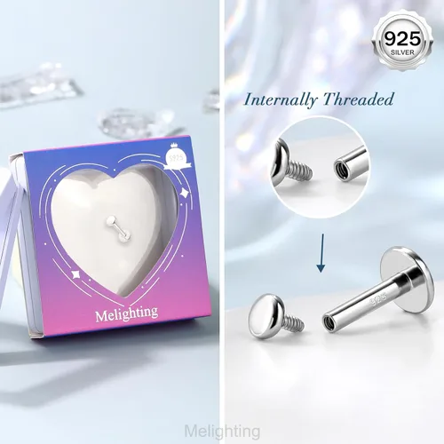 Miniatura 7 de Melighting Aretes de hélice de plata esterlina 925 para cartílago, roscados internamente, tragus, aretes de espalda plana, 6/0.315 in, piercing