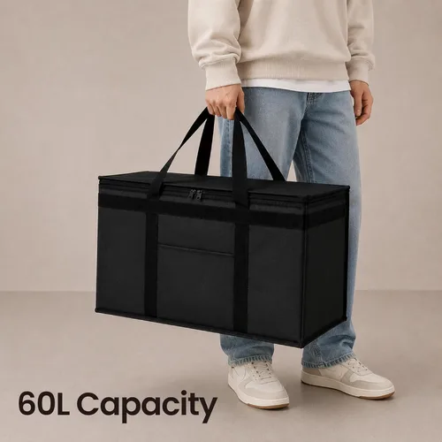 Miniatura 6 de NZ home Bolsa térmica XXL aislada y calentador de alimentos para entrega y compras de comestibles con parte superior con cremallera, color negro