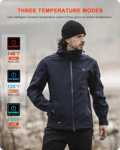 Miniatura 4 de DEWBU Soft Shell Heated Jacket for Men with 12V Battery Pack and Detachable Hood Outdoor Electric Heating Coat