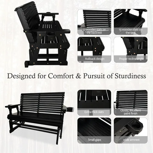 Miniatura 5 de Hamaca de patio Fortune Candy con portavasos, alta parte posterior enrollada y asiento perfilado profundo, resistente de 800 libras (Negro, 2 plazas)