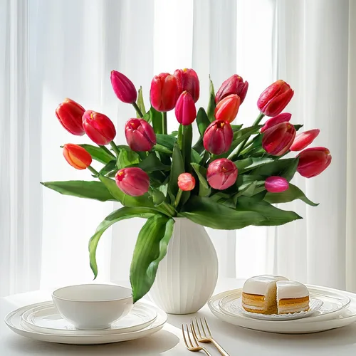 Miniatura 10 de Bailikang 20 piezas de tulipanes artificiales, flores de seda de tulipanes falsos, ramo artificial de PU, flores artificiales de imitación con caja