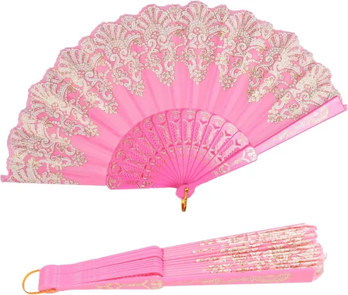 Miniatura 14 de INNOLIFE Abanico de mano plegable español con patrón retro para mujeres, abanico plegable chino de mano para fiestas, baile, bodas y decoración