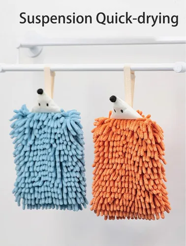 Miniatura 2 de Paquete de 2 toallas de mano de chenilla de animales lindos, toalla de mano con lazo de bola mullida, toallas de mano colgantes para baño, cocina