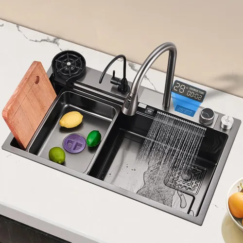 Miniatura 2 de Fregadero de cocina nano negro y gris 304 de acero inoxidable 304, fregadero de cocina con estación de trabajo de un solo tazón, fregadero de cocina