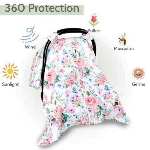 Miniatura 3 de Funda para Asiento de Carro de Bebé, Toldo de Asiento de Carro con Abertura Peekaboo de Primavera para Bebés Niñas y Niños, Fundas de Lactancia Flor