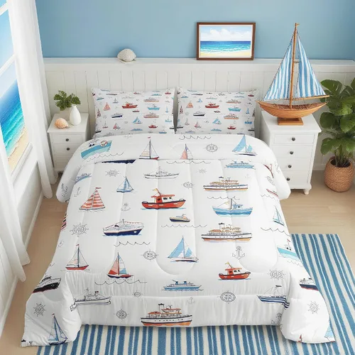 Miniatura 35 de Juego de edredón Lake House tamaño Twin, juego de ropa de cama náutica de navegación con ancla de 2 piezas para decoración de habitación de niños