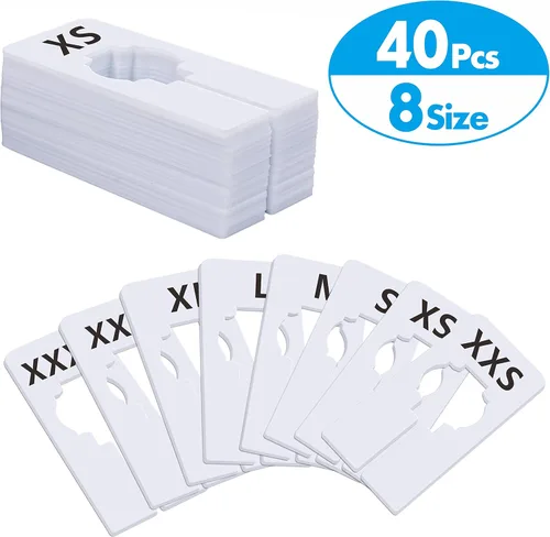 Miniatura 2 de Paquete de 40 separadores rectangulares de plástico blanco para perchas de armario por tallas de ropa, preimpresos en 8 tallas XXS, XS, S, M, L, XL