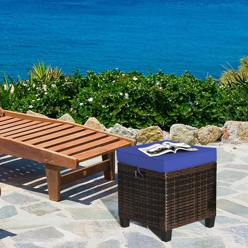Miniatura 4 de HAPPYGRILL Juego de 2 otomanas de mimbre de ratán para exteriores, con cojines extraíbles, muebles de patio, reposapiés, asiento para reposapiés