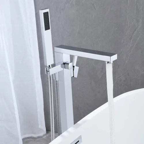 Miniatura 4 de Wowkk Grifo de Bañera Independiente Grifo de Llenado de Bañera Cromado Montaje en Piso Grifo de Baño de Latón Manija Única con Ducha de Mano Cromo