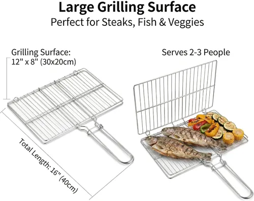Miniatura 2 de Cesta de acero inoxidable para barbacoa al aire libre, rejilla de parrilla con cerradura resistente para pescado, verduras, carne, camarones, carne