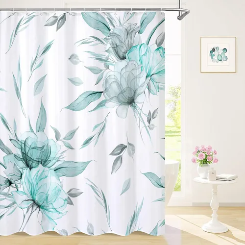Miniatura 11 de Litabel Cortina de ducha bohemia con estampado floral de acuarela azul y gris, estilo de pintura de tinta, cortinas de ducha de flores y hojas