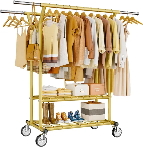 Miniatura 10 de HYSEYY Perchero de ropa resistente, perchero de ropa rodante con estantes con carga de 620 libras, percheros de ropa de doble barra para colgar