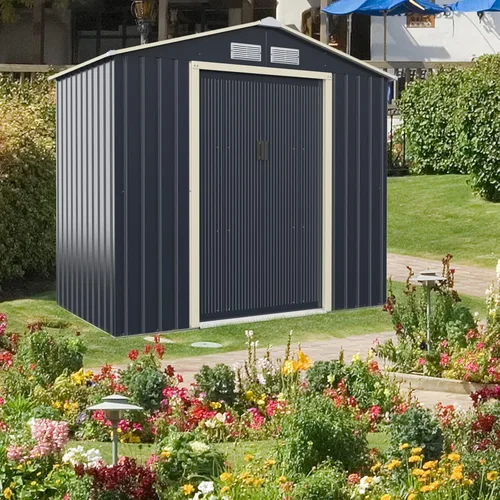 Miniatura 7 de Giantex Cobertizo de almacenamiento para exteriores con doble puerta corrediza, almacenamiento de jardín de metal galvanizado, ventilación delantera